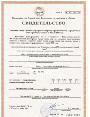 Свидетельство о внесении записи в ЕГРЮЛ